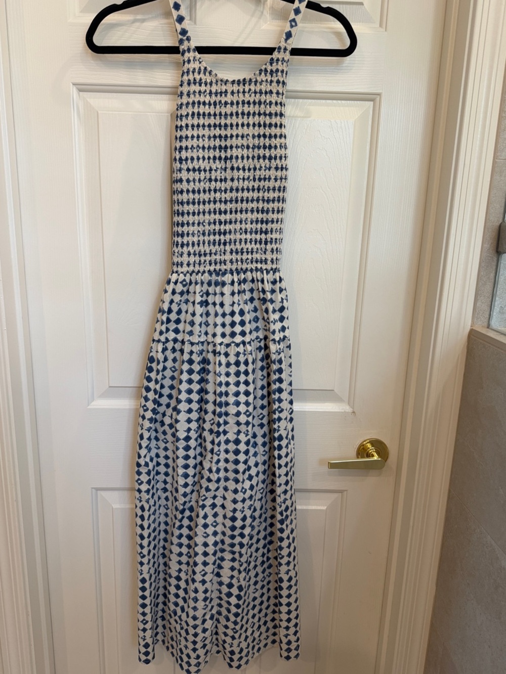 Madewell White Maxi Dress with Blue Geometric Print